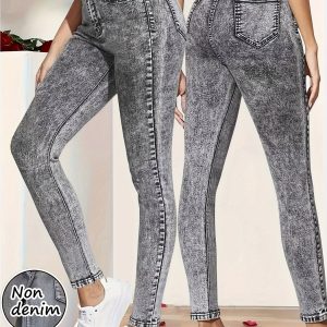 【imitation denim】[imitation Faux Denim]Women'S Elegant Faux Denim Print Skinny Leggings - High-Waisted Stretchy Tapered Leg Pants with Faux Button Closure, Solid Faux Denim-Like Design, All-Season Trousers for Casual & Formal Outfits
