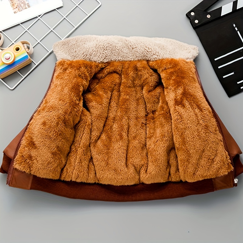 ' PU Fleece Jacket Winter Warm Zip-Up Coat with Collar & Embellished Letter '' Emblem - Hand Washable Cold-Weather Outerwear for, Playdates (Regular Fit, Zipper Closure) | for