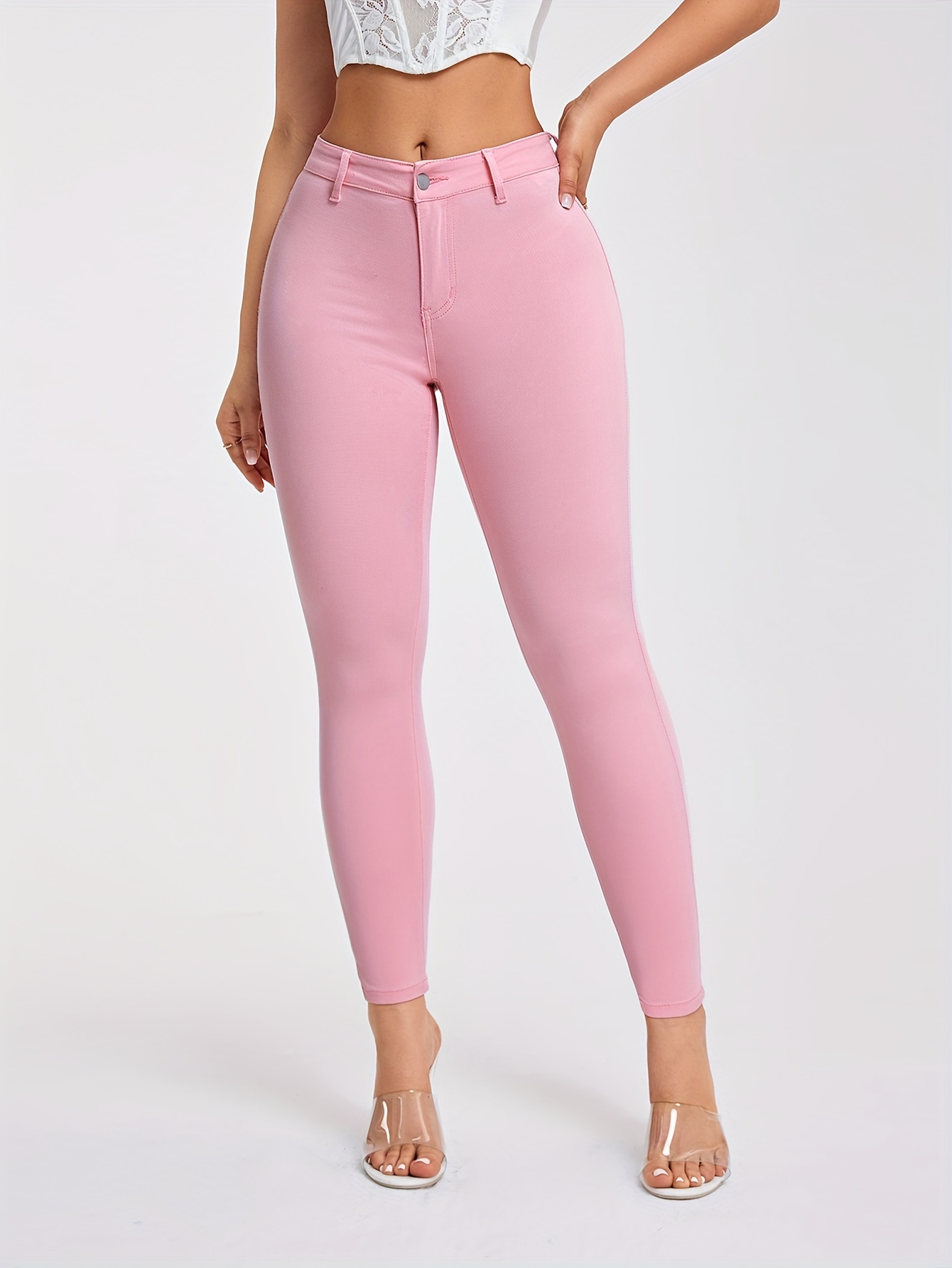 Women's Stretchy Pink Leggings - Casual, High-Waist, Non-See-Through, Machine Washable - Perfect for Spring/Summer