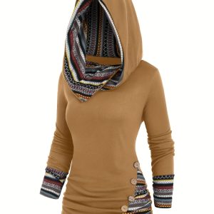 Women'S Fashion Hooded Sweatshirt, Long Sleeve Striped Patchwork Knit with Faux Buttons, Polyester 95% Spandex 5%, Fall/Winter Season, 180g/m² Fabric Weight