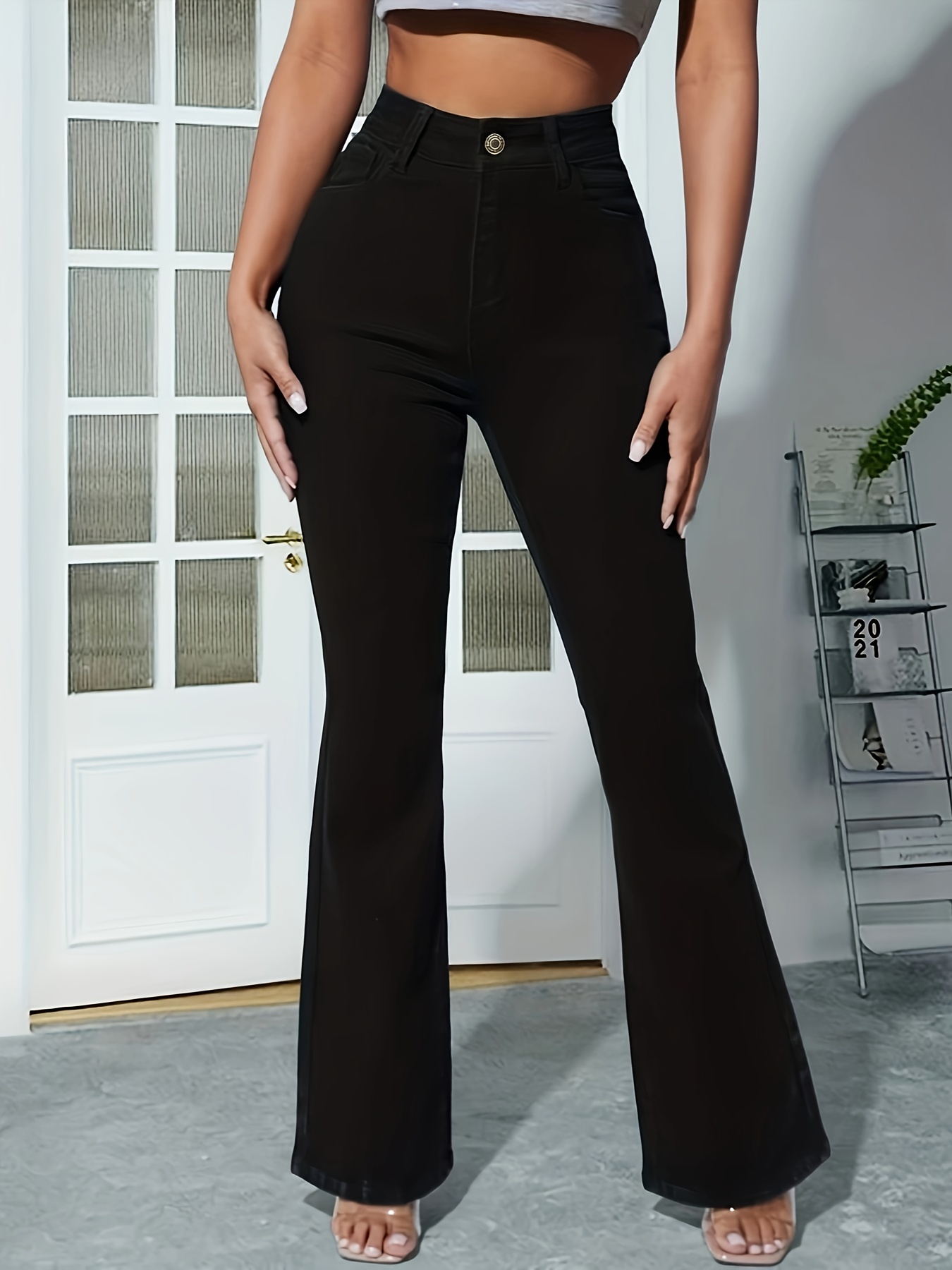 Women's Stretchy Jeans - High-Waisted Slim Fit Flare Pants with Button Closure, Non-See-Through All-Season Black Trousers for Casual & Formal Outfits - Machine Washable Everyday Jeans - Image 5