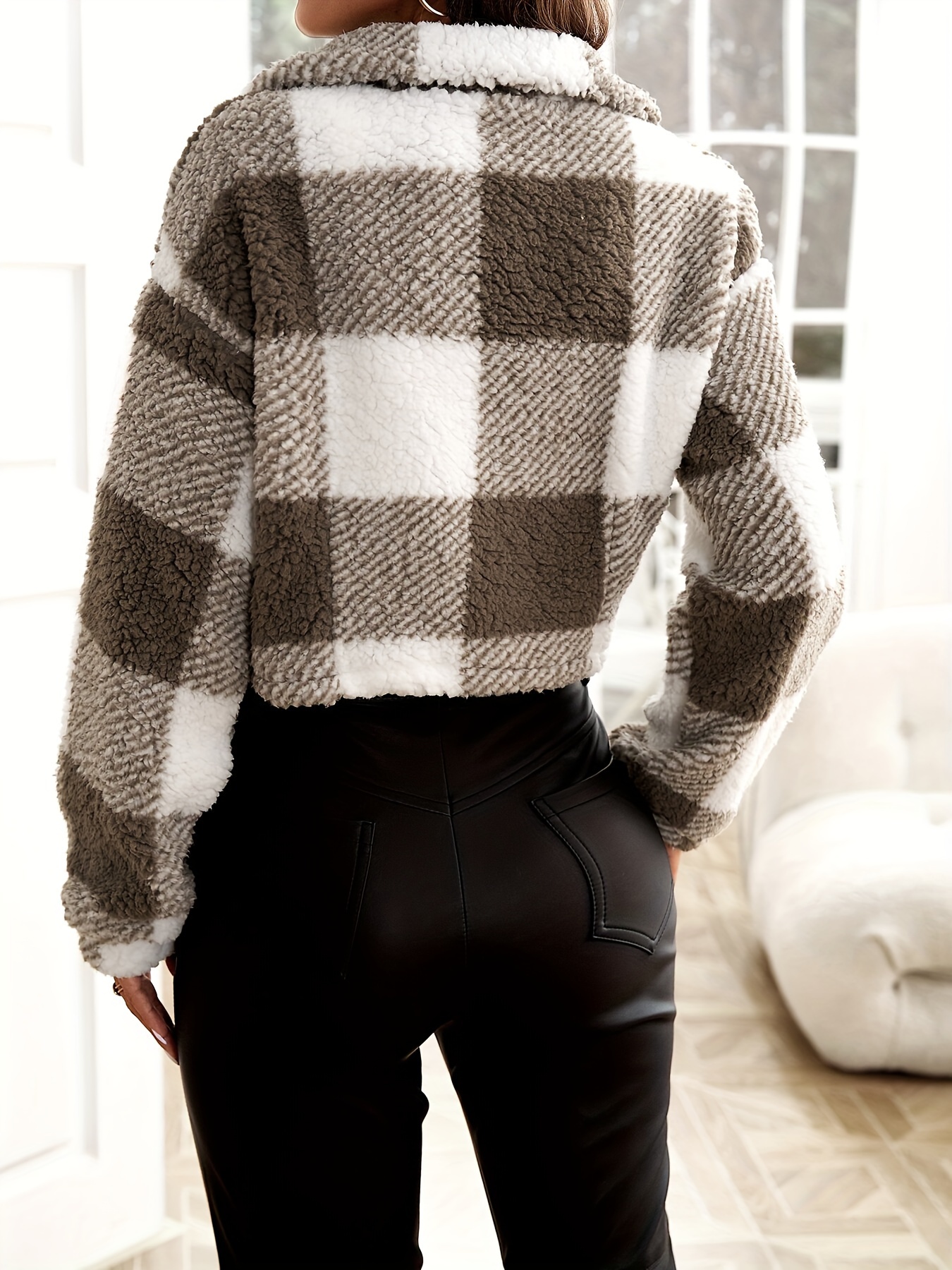 Cozy Plaid Pattern Teddy Zip-Up Jacket for Women - Soft Micro Elastic Polyester Fabric, Elegant Knit Outerwear for Fall/Winter - No Printing, Sheer-Free, Long Sleeve Casual Wear - Image 6