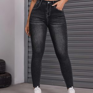 Women's Skinny Jeans - Stretchy Non-See-Through Jeans with Button Closure, All-Season Skinny Fit Pants for Everyday & Formal Outfits - Hand Wash Only, Street Style, Stylish Stitching, Comfortable Material, Fitted Trousers, Urban Style
