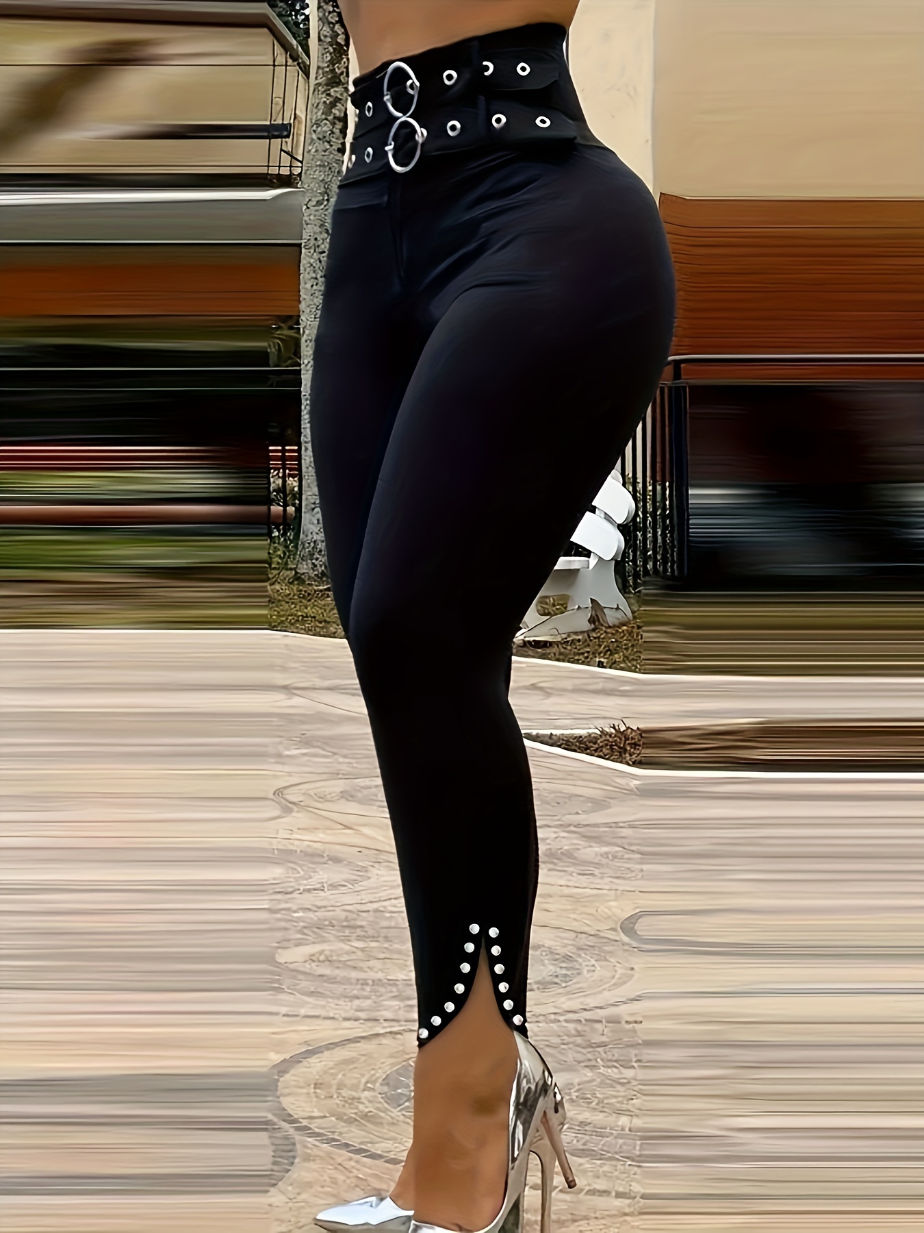 Chic Green High-Waist Skinny Pants with Elegant Button & Grommet Detail - Versatile, Stretchy Polyester, Machine Washable - Perfect for All Seasons - Image 5