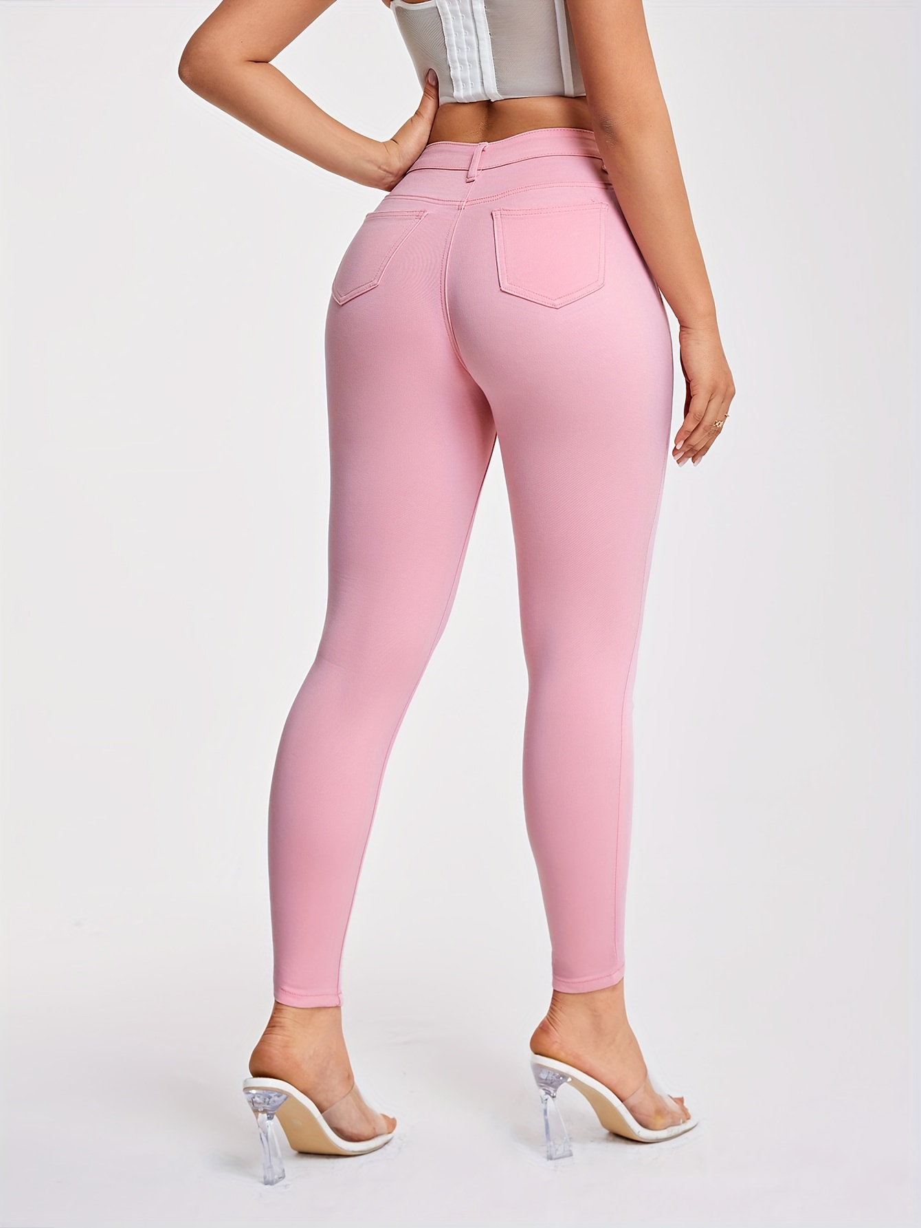 Women's Stretchy Pink Leggings - Casual, High-Waist, Non-See-Through, Machine Washable - Perfect for Spring/Summer