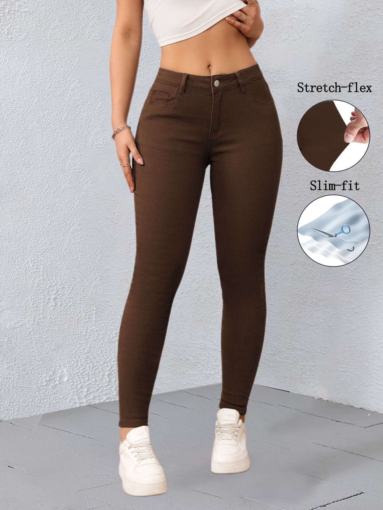 Women's High-Waisted Skinny Jeans - Stretchy Slim Fit Pants with Non-See-Through Fabric, Button Closure, All-Season Everyday & Formal Jeans for Women (Coffee Brown), Ladies Jeans, Versatile Clothing, Comfortable Fashionwear
