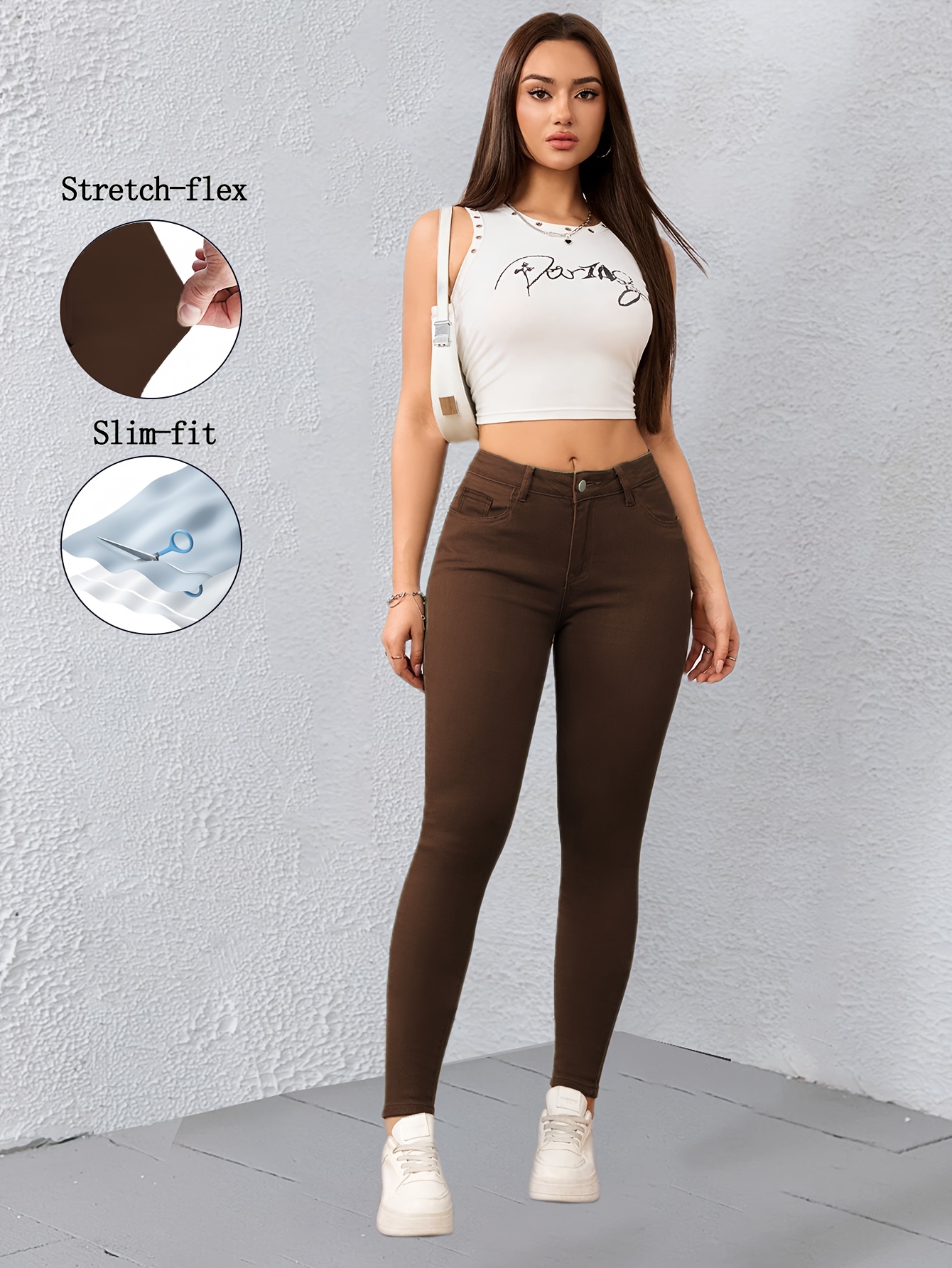Women's High-Waisted Skinny Jeans - Stretchy Slim Fit Pants with Non-See-Through Fabric, Button Closure, All-Season Everyday & Formal Jeans for Women (Coffee Brown), Ladies Jeans, Versatile Clothing, Comfortable Fashionwear