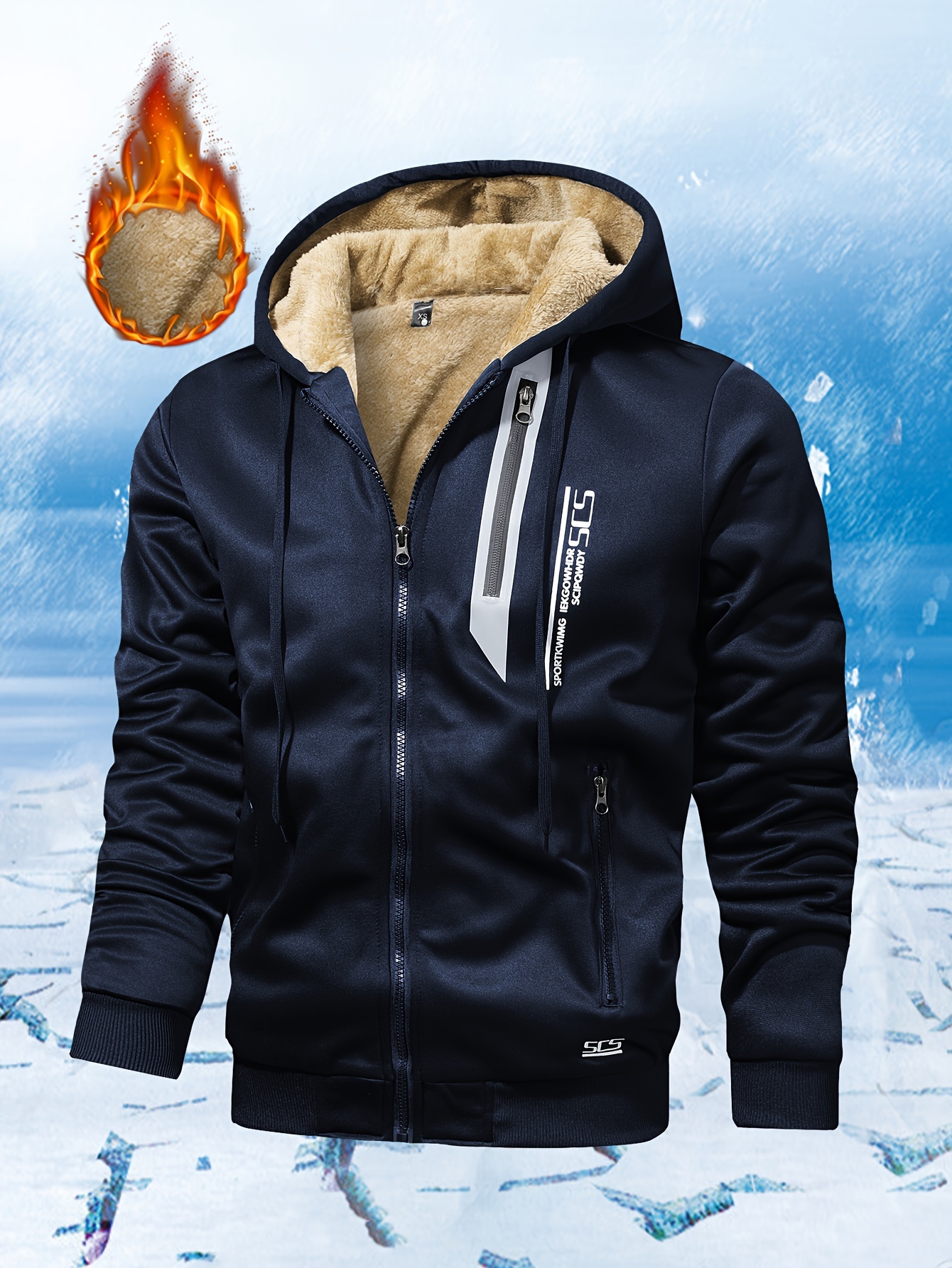 [Winter Fleece Hooded Jacket] Warm Thickened Polyester Men's Winter Fleece-Lined Hooded Jacket - Zipper Closure and Side Pockets for Casual and Athletic Use