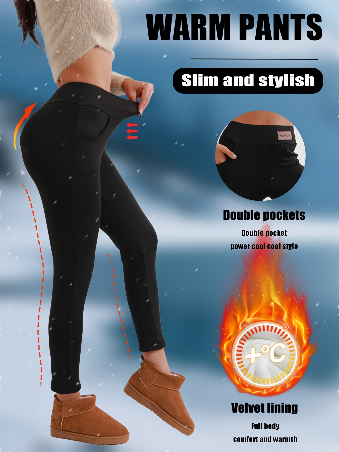 Women'S High-Waisted Thermal Leggings with Pockets - 360g/m² Thickened Winter Pants, Slim Fit, Double Pockets, Velvet Lining, Medium Stretch for Snow Travel & Daily Wear, Solid Color, Winter Leggings, Outdoor Hiking Apparel, Sleek Sporty Design, Comfortable Fit