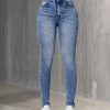 Women's High-Waisted Stretch Skinny Jeans - Elegant Slim-Fit Button Closure, Solid Blue Denim, All-Season Comfort for Casual & Formal Outfits