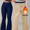 Elegant Blue Fleece-Lined Stretch Flare Jeans for Women - High Waist, Button Detail, Non-See-Through Denim