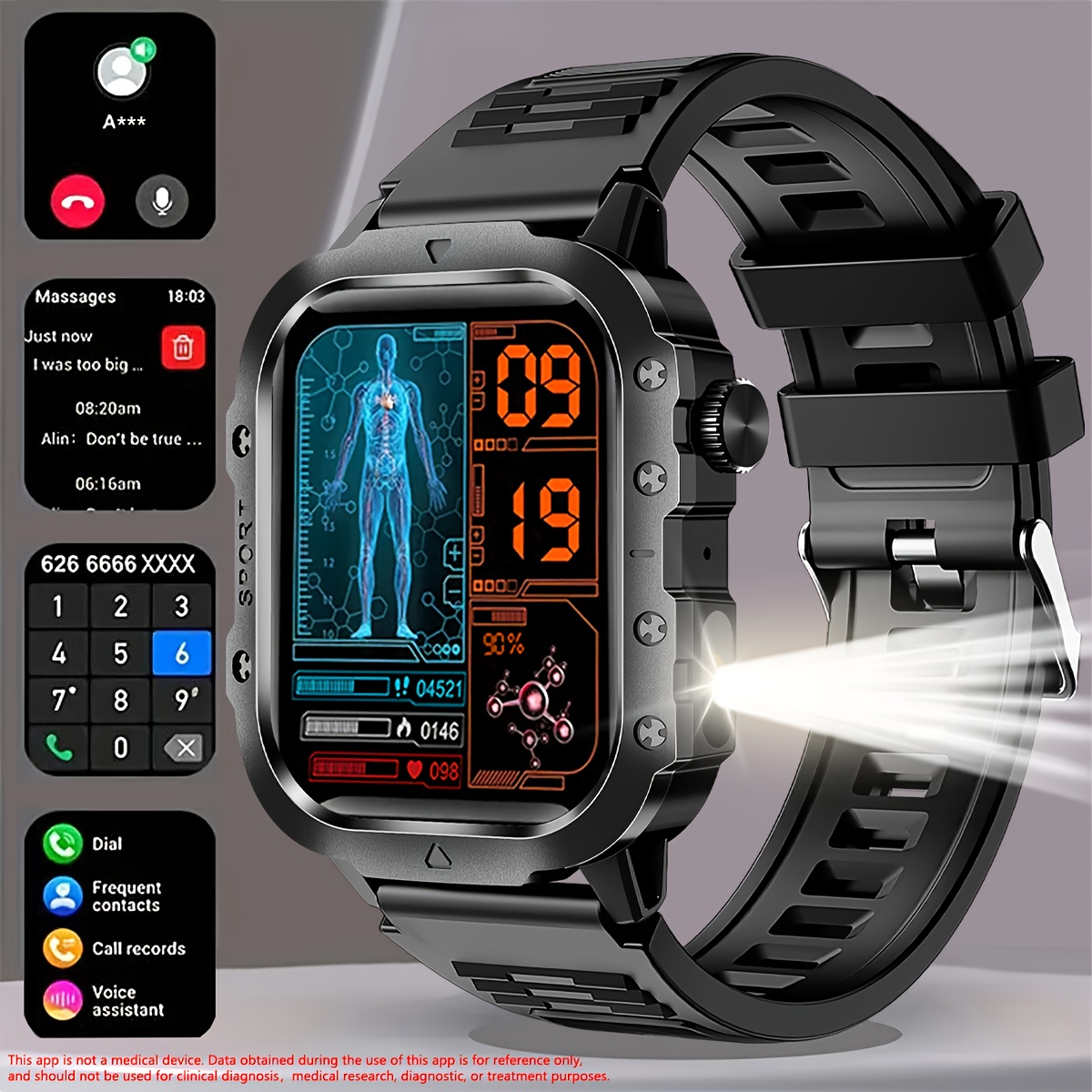 Smart Watch for Men 5.1cm Big All Touch Screen Display Wireless Make/Answer Call Watch, with LED Flashlight, Multi Sports Modes Smart Sports Watches Suitable for Men And Women, Outdoor Information Reminder Pedometer Smartwatch Compatible Phones, Activity Monitor, Fitness Tracker Watch, Sporty Design, Modern Wearable, Highquality Display, Lightweight Watch, Touchscreen Watch, Smart Wearable, Techsavvy Users, Active Lifestyle