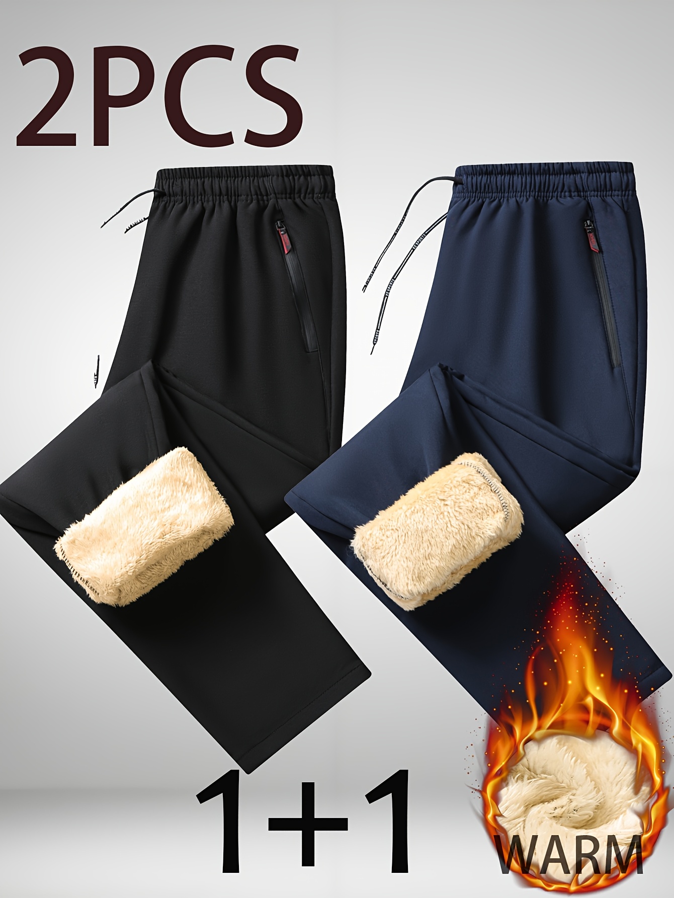 2pcs Men'S Warm Fleece-Lined Thermal Pants with Zipper Pockets - Thickened Winter Warmth, Straight-Leg Casual Sports Pants for Hiking, Outdoor Training & Daily Wear, Hiking Apparel | Straightleg Pants | Durable Fabric