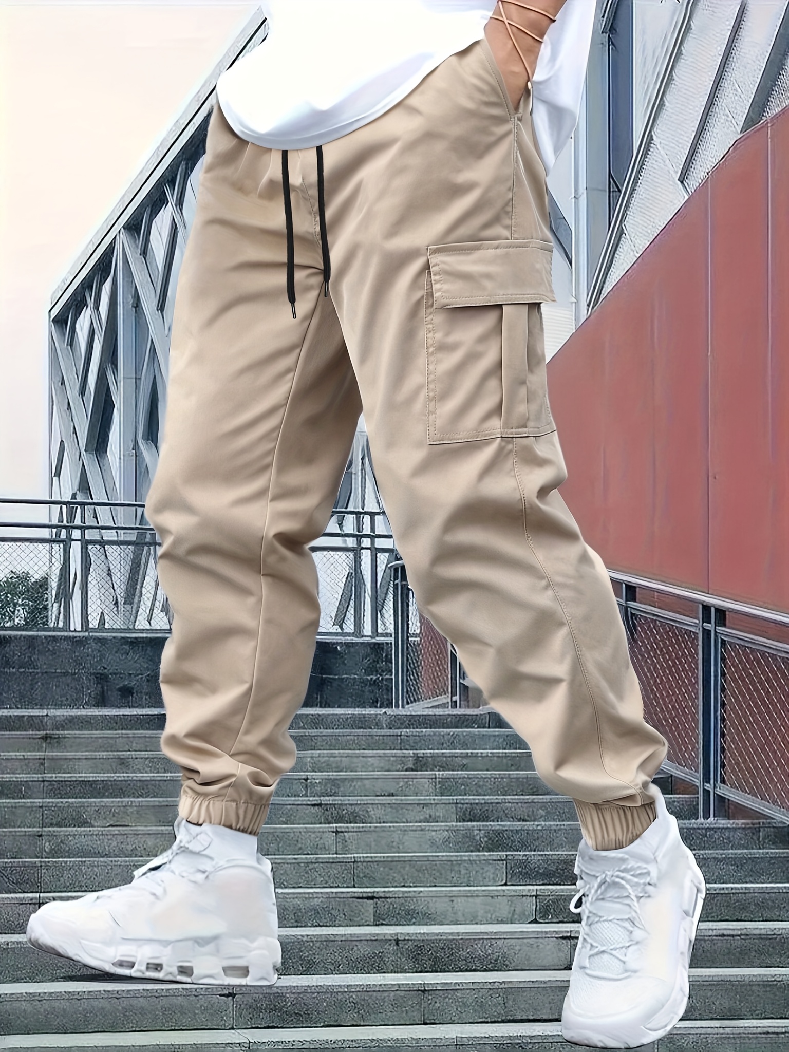 [Men's Casual Cargo Pants] No-Stretch Fabric Men's Casual Cargo Pants with Elastic Drawstring Waist & Multiple Pockets - Regular Fit Mid-Rise for Hiking, Outdoor Activities & Casual Attire - Spring/Fall Solid Color Work Pants