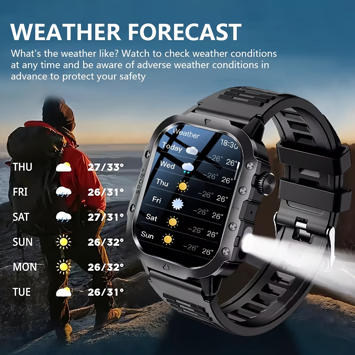 New Smart Watch 5.11 cm Large Screen LED Flashlight Outdoor Sports Watch Altimeter Barometer 100+Sports Mode Multimedia Information Viewing Weather Pedometer Fitness Tracker Compatible with Android for iphone Perfect Holiday Gift, Outdoor Activity Watch, Multimedia Viewing Watch, Modern Wearable Tech, Stylish Fitness Tracker, Durable Smartwatch, Longlasting Battery, Multifunctional Watch, LED Light Watch, Fitness Enthusiasts, Techsavvy Users, Altimeter Watch, Outdoor Gear Watch