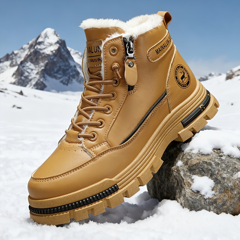 MAINALUN Men's Heavy-Duty Fleece-Lined Winter Boots - Thick PVC Outsole, Lace-Up Round Toe, PU Upper (Brown/Black) - Retro Ice & Snow Boots for Ice Skating-like Traction, Warm Casual Footwear for Fall & Winter (No Calf-Slip) -