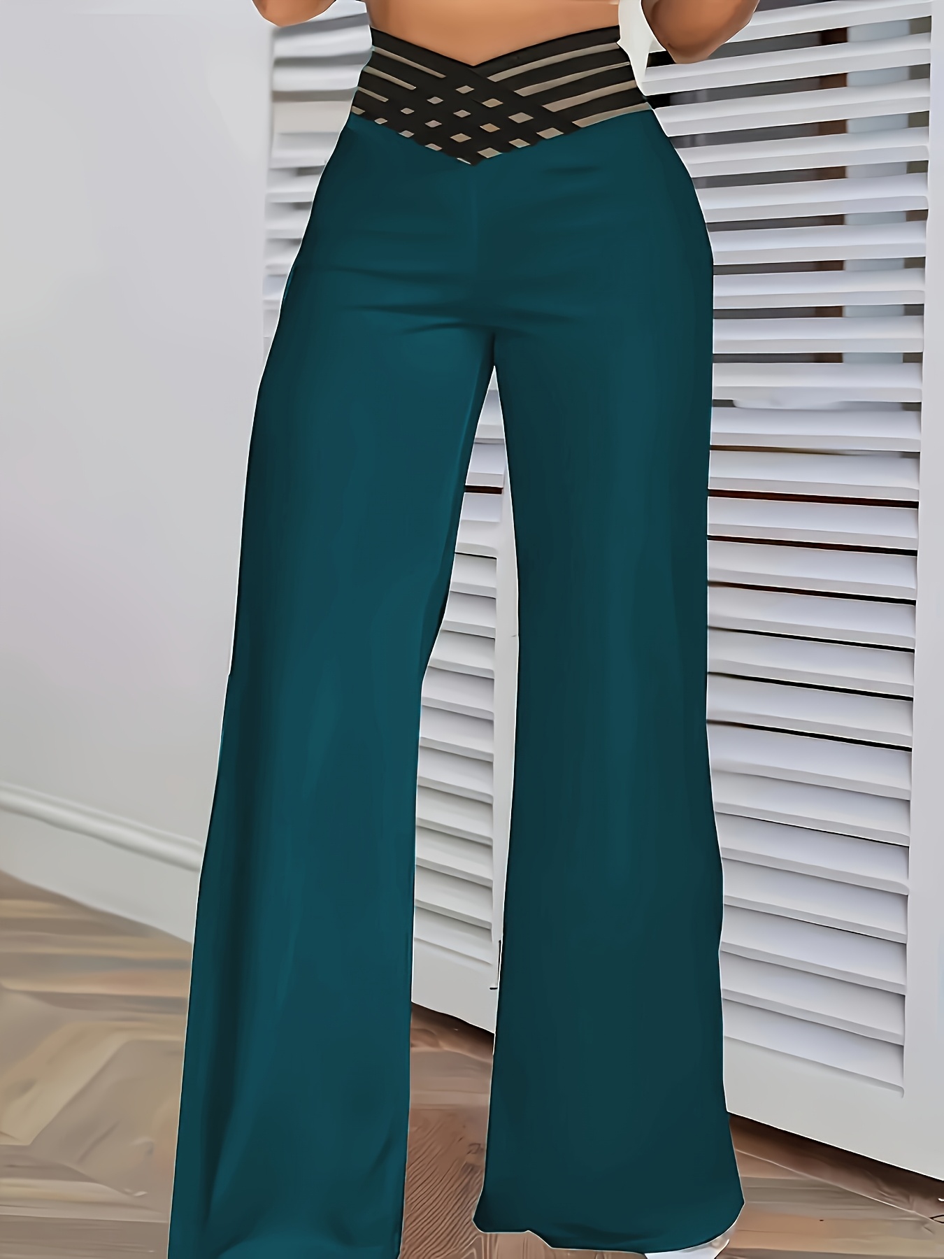 Women's High-Waist Flare Pants with Cross-Front Mesh Detail - Dark Teal, Elegant Bell Bottoms, Machine Washable, All-Season Comfort, Perfect for Casual or Dressy Occasions - Image 3