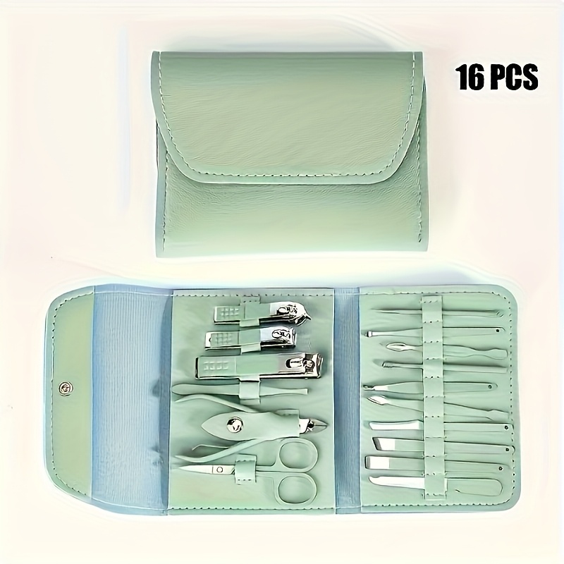 16pcs 14cm/11cm Premium Stainless Steel Nail Care Tool Set with Straight Edge Nail File, Ear Pick, and Scissors - Modern Style Professional Travel Beauty Kit in 3 Colors Available