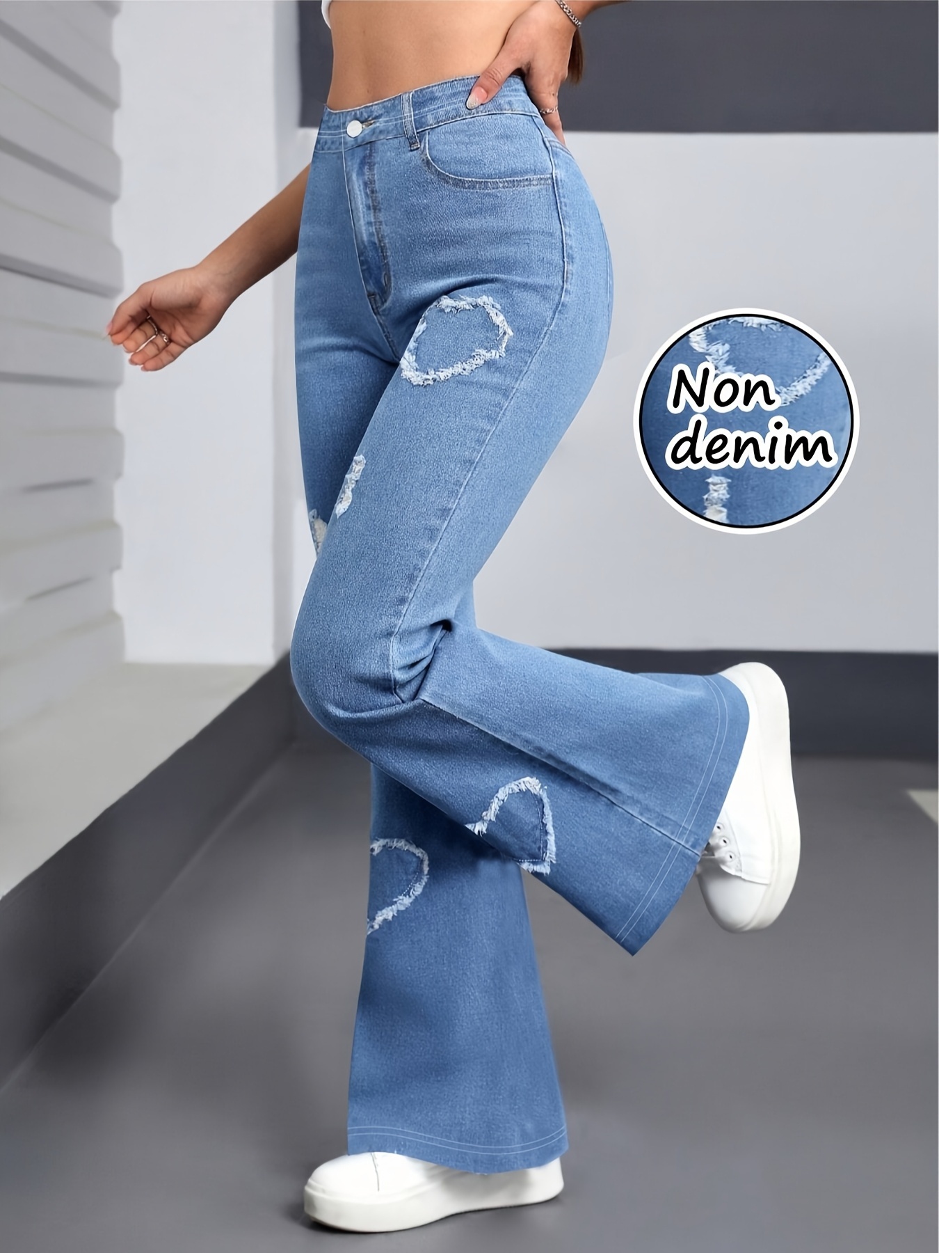 【imitation denim】[imitation Faux Denim]A Pair of Women'S High-Waisted Stretchy Flared Pants - Featuring a Faux Denim Print And Detailed with Fake Pockets / Machine Washable for All Seasons / Designed in a Middle Eastern Style Suitable for Both Casua