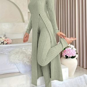 [Plaid Two-Piece] Two-Piece Set Round Neck Split Long Sleeve Top and Pants | Design Sensation with Plaid Spring/Autumn Style