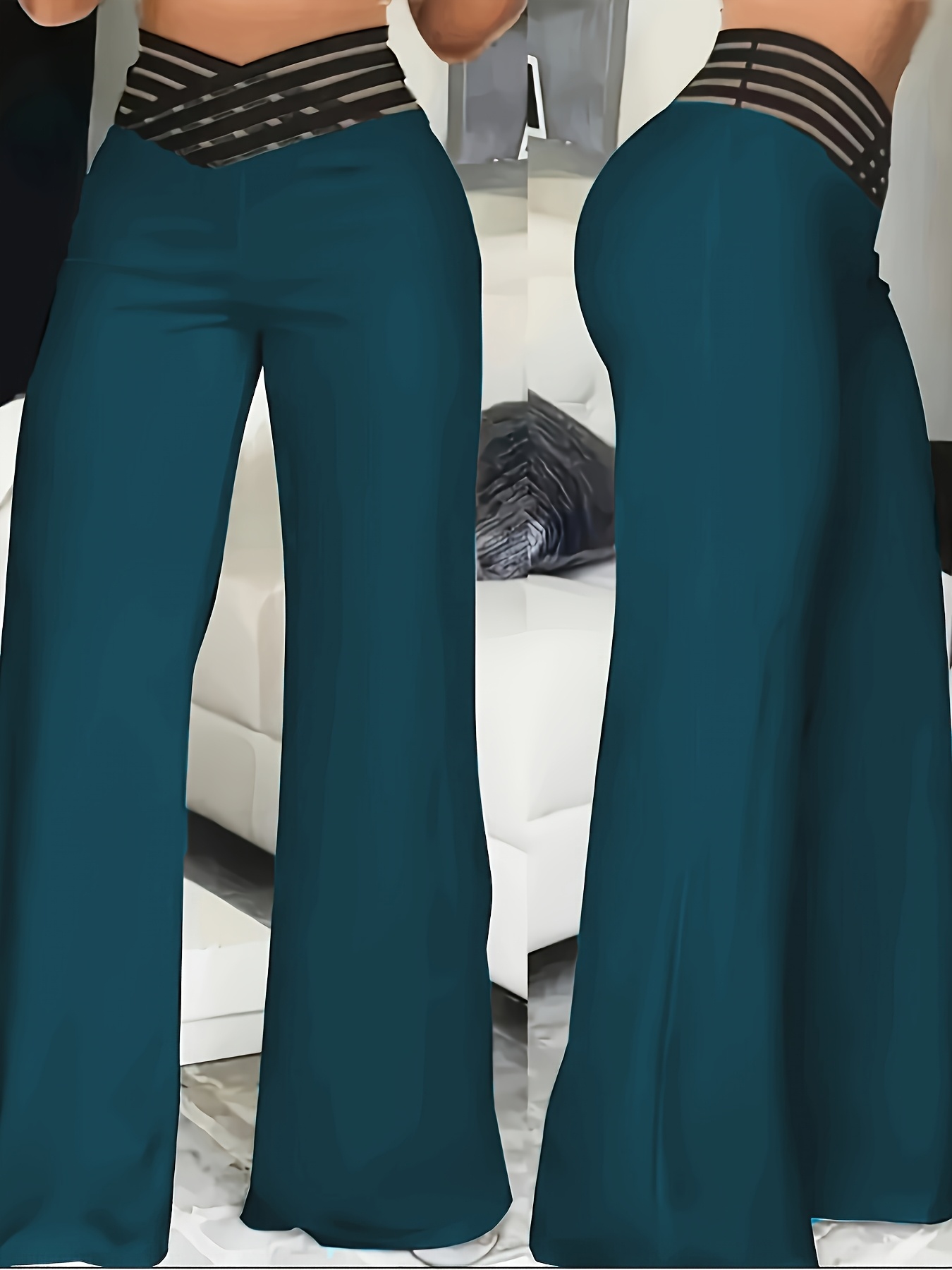 Women's High-Waist Flare Pants with Cross-Front Mesh Detail - Dark Teal, Elegant Bell Bottoms, Machine Washable, All-Season Comfort, Perfect for Casual or Dressy Occasions - Image 2