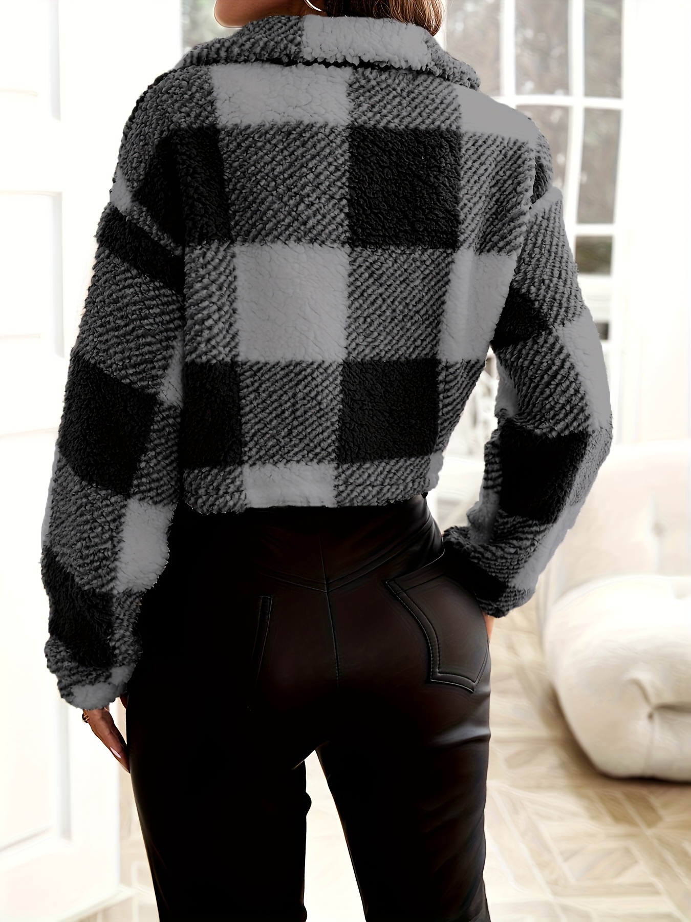 Cozy Plaid Pattern Teddy Zip-Up Jacket for Women - Soft Micro Elastic Polyester Fabric, Elegant Knit Outerwear for Fall/Winter - No Printing, Sheer-Free, Long Sleeve Casual Wear - Image 8