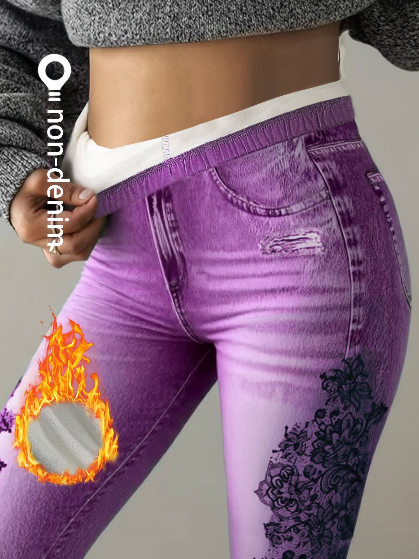 [Denim Print/Imitation Denim] Women's Imitation Denim Full-Body Print Skinny Jeans Pants with Distressed Faux Pocket & Fray Hem - Tight-Fit Winter Leggings for Casual to Dressy Outfits, Machine Washable Denim Jacket/Shorts Style Base