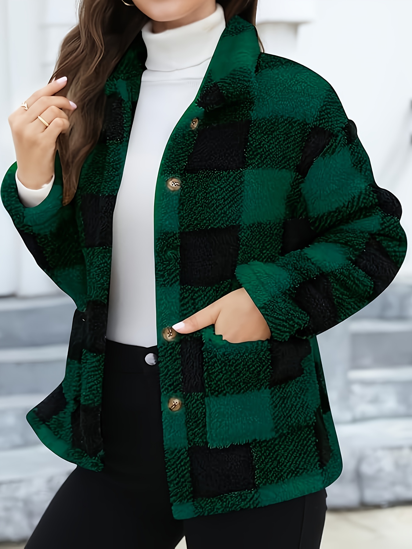 Women'S Cozy Fleece Jacket - Soft Plaid Coat with Button Front Closure, Long Sleeve Winter Outerwear for Fall & Winter, & Brown Tartan Pattern - Image 4