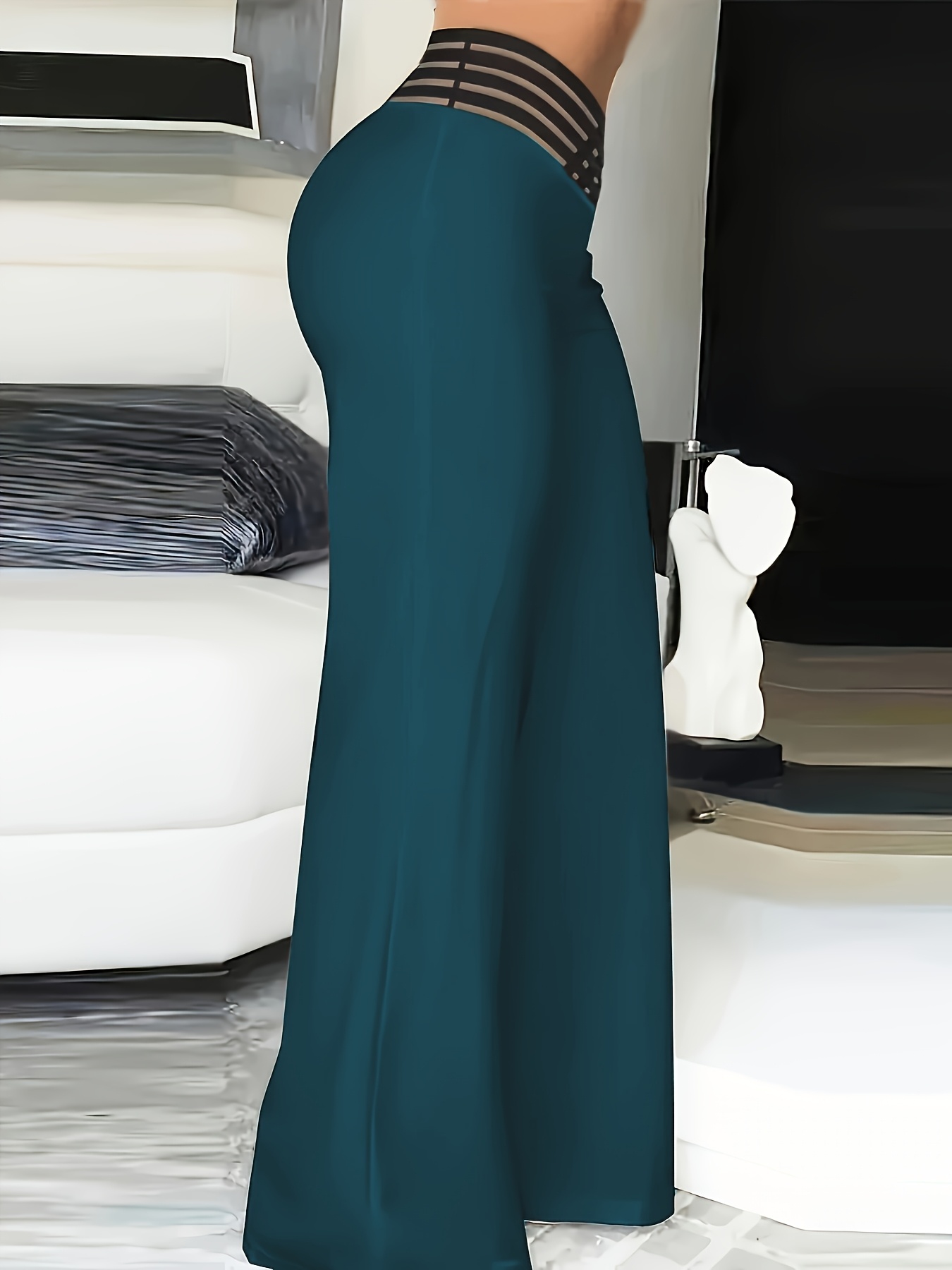 Women's High-Waist Flare Pants with Cross-Front Mesh Detail - Dark Teal, Elegant Bell Bottoms, Machine Washable, All-Season Comfort, Perfect for Casual or Dressy Occasions