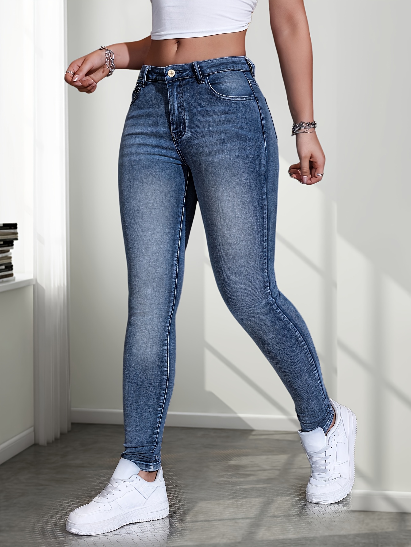 Women'S High-Waisted Stretch Denim Jeans - Slim Fit, Button Detail, Zipper Fly, All-Season Comfort, Light Blue, Casual Style, Comfortable Fashion|Slim Fit Jeans|Zipper Closure - Image 4