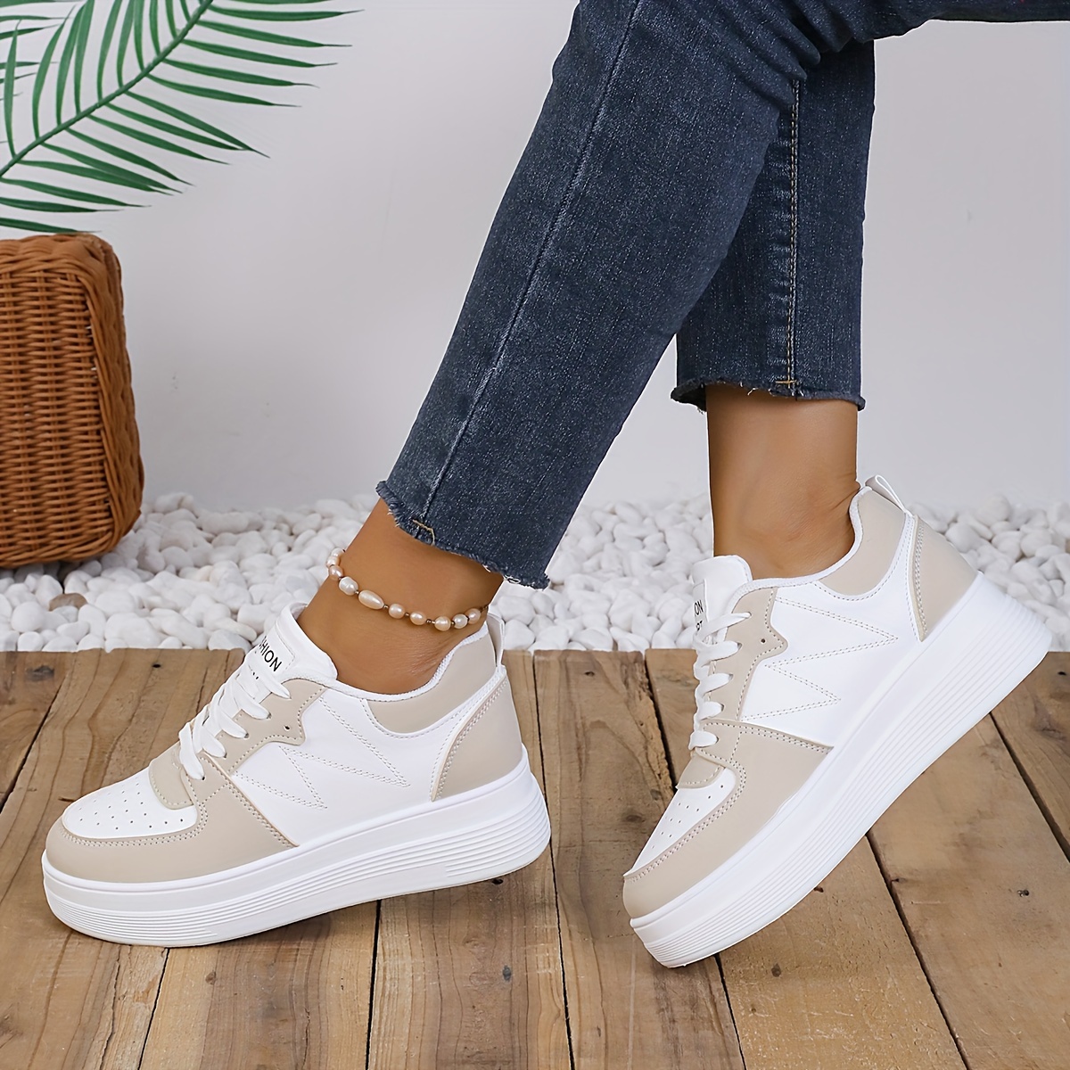 Women'S Slip-On Wedge Sneakers with Lace-Up Closure - White & Beige Breathable Mesh Upper, Cushioned EVA Insole & PVC Sole for All-Season Casual Wear, Comfortable Height Increase, Sleek Shoe Design