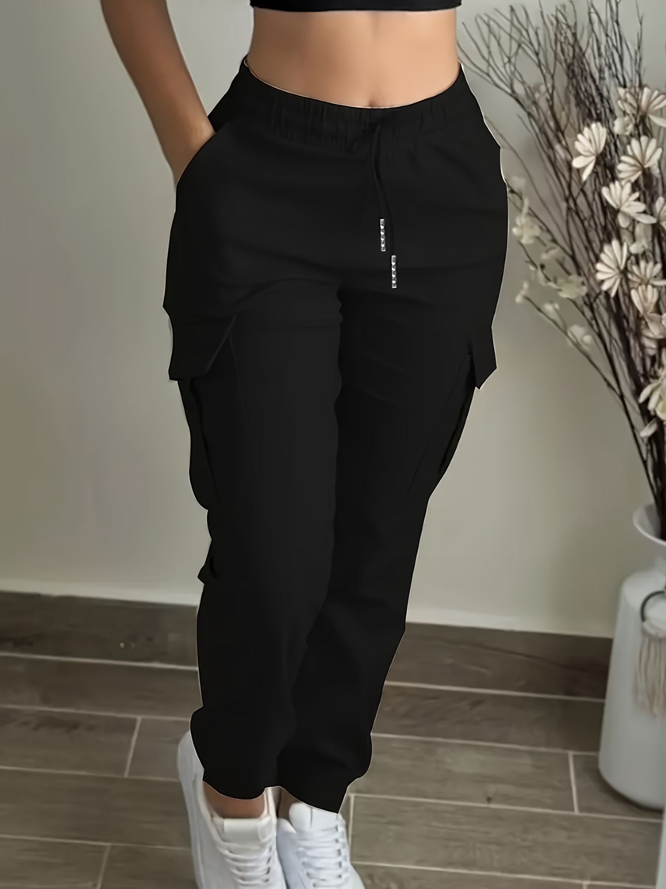 Women's Black Cargo Pants with Elastic Drawstring Waist & Multiple Pockets - Regular Fit Long Length Casual Workwear-Style Trousers for All-Season Casual Attire