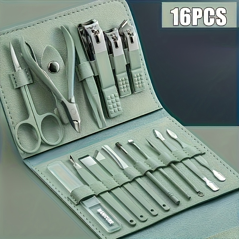 16pcs 14cm/11cm Premium Stainless Steel Nail Care Tool Set with Straight Edge Nail File, Ear Pick, and Scissors - Modern Style Professional Travel Beauty Kit in 3 Colors Available