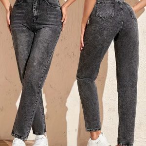 High-Waisted Stretch Skinny Jeans - 7/8 Length Straight-Leg Trousers with Beltless Waist & Built-In Zipper Closure, Wash/Dark Wash (Black) - All-Season Elegant Pants for, Formal & Casual Attire