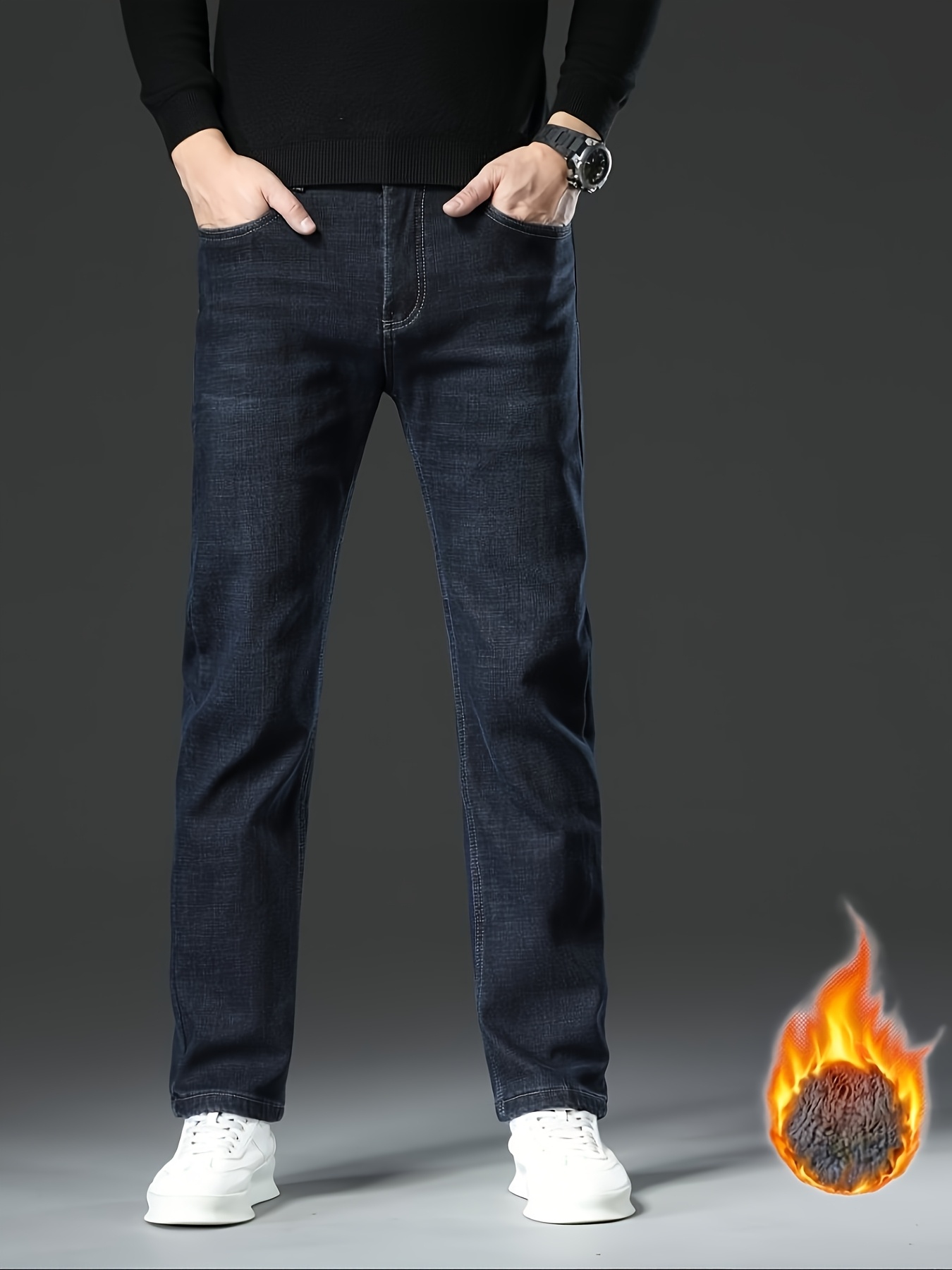 Men'S Heavy-Duty Thermal Work Pants - Winter Faux Denim with Button Closure, Classic Five-Pocket Design, Regular Fit for Construction, Office, Everyday Cold Weather - Durable & Easy-Care Faux Denim Trousers, Office Wear, Timeless Design, Sturdy Construction, Outdoor Workers, Construction Wear, Functional Design, Highquality Fabric, Outdoor Enthusiasts