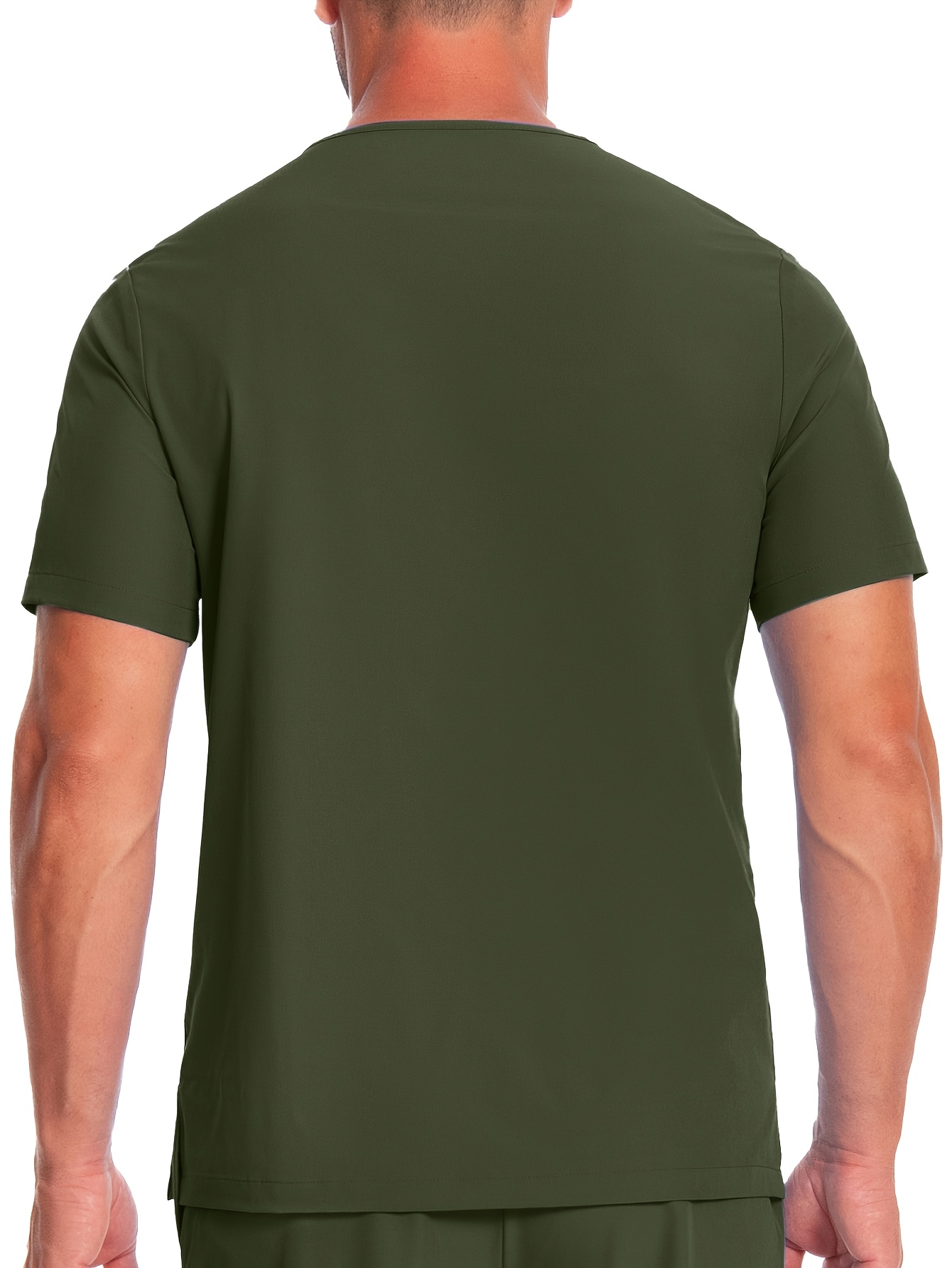 Men's Short Sleeve Work Uniform V-Neck Shirt - Breathable Stretch Polyester, Navy Blue with White Stripes & Medical Patches, Machine Washable, All-Season Comfort for Healthcare, Veterinary Clinics, Grooming Salons