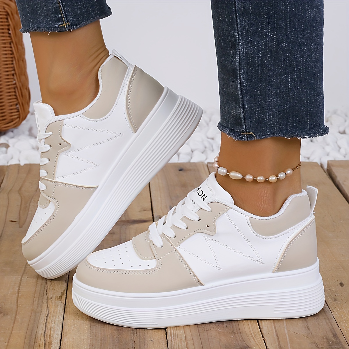 Women'S Slip-On Wedge Sneakers with Lace-Up Closure - White & Beige Breathable Mesh Upper, Cushioned EVA Insole & PVC Sole for All-Season Casual Wear, Comfortable Height Increase, Sleek Shoe Design