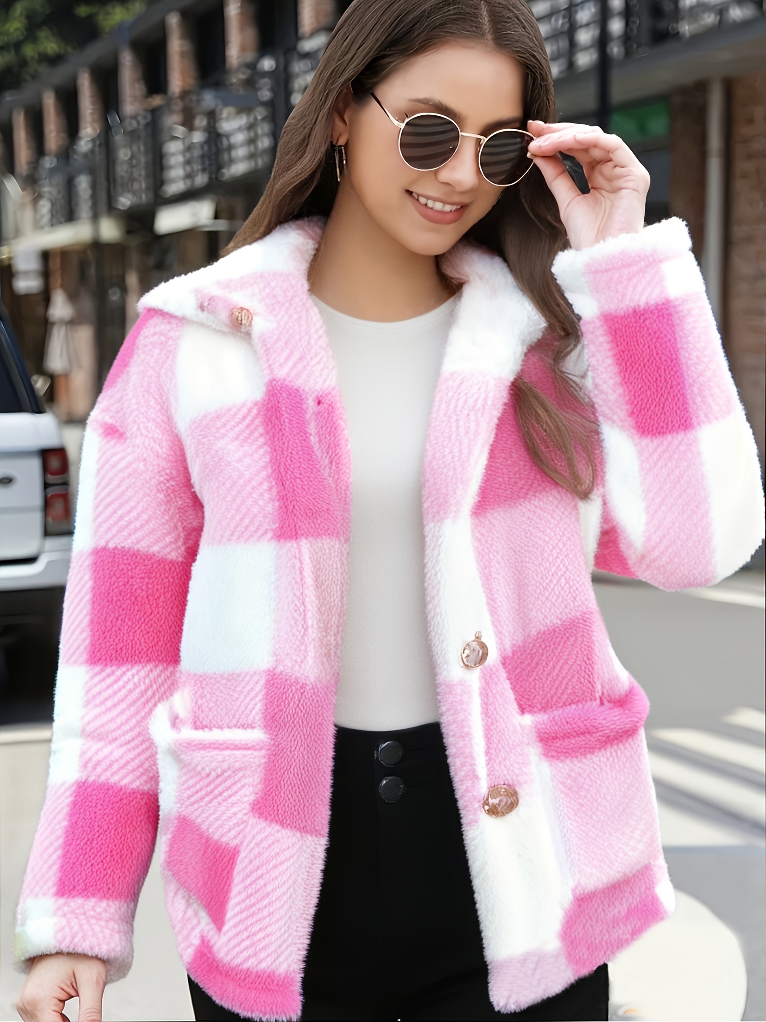 Women'S Cozy Fleece Jacket - Soft Plaid Coat with Button Front Closure, Long Sleeve Winter Outerwear for Fall & Winter, & Brown Tartan Pattern