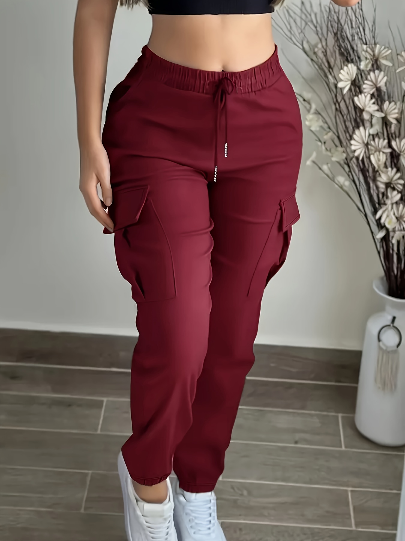 Women's Black Cargo Pants with Elastic Drawstring Waist & Multiple Pockets - Regular Fit Long Length Casual Workwear-Style Trousers for All-Season Casual Attire