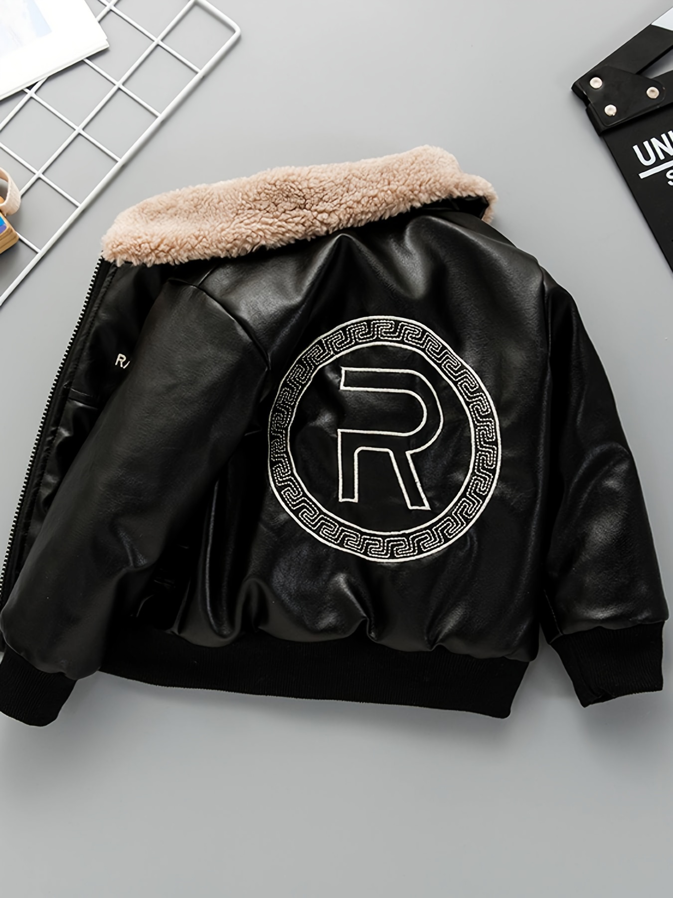 ' PU Fleece Jacket Winter Warm Zip-Up Coat with Collar & Embellished Letter '' Emblem - Hand Washable Cold-Weather Outerwear for, Playdates (Regular Fit, Zipper Closure) | for