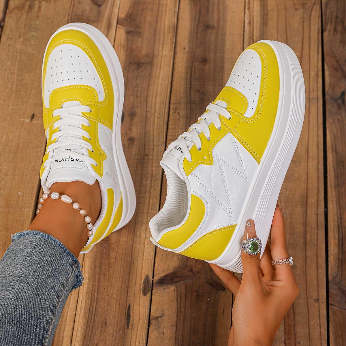 Women'S Slip-On Wedge Sneakers with Lace-Up Closure - White & Beige Breathable Mesh Upper, Cushioned EVA Insole & PVC Sole for All-Season Casual Wear, Comfortable Height Increase, Sleek Shoe Design