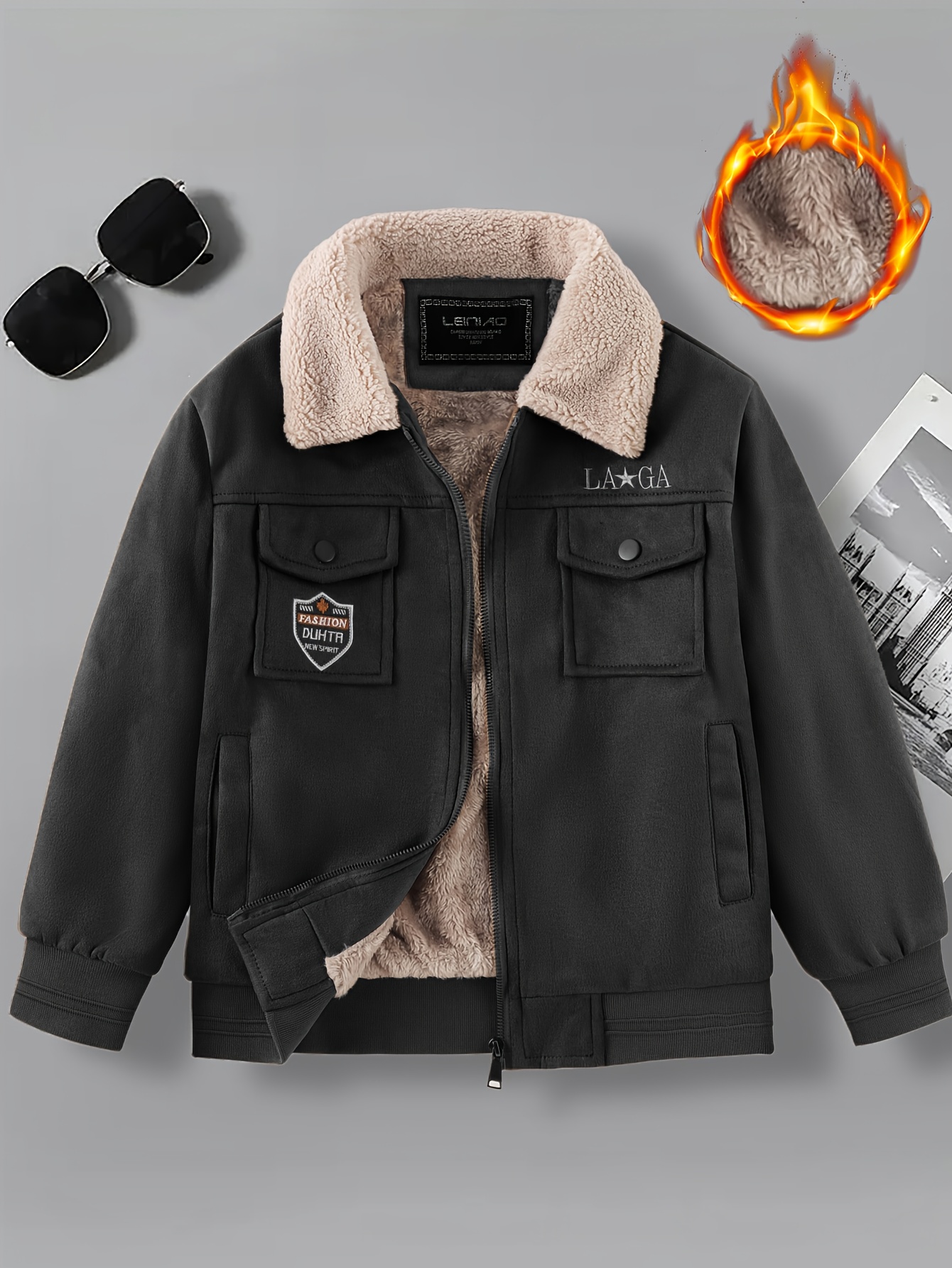 Boys' Autumn/Winter Fashion College Style Retro Street Trend Casual Versatile Fleece-Lined Zip-Up Jacket with Plush Collar, Multiple Pockets, and Hooded Coat for Outdoor Wear