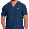 Men's Short Sleeve Work Uniform V-Neck Shirt - Breathable Stretch Polyester, Navy Blue with White Stripes & Medical Patches, Machine Washable, All-Season Comfort for Healthcare, Veterinary Clinics, Grooming Salons