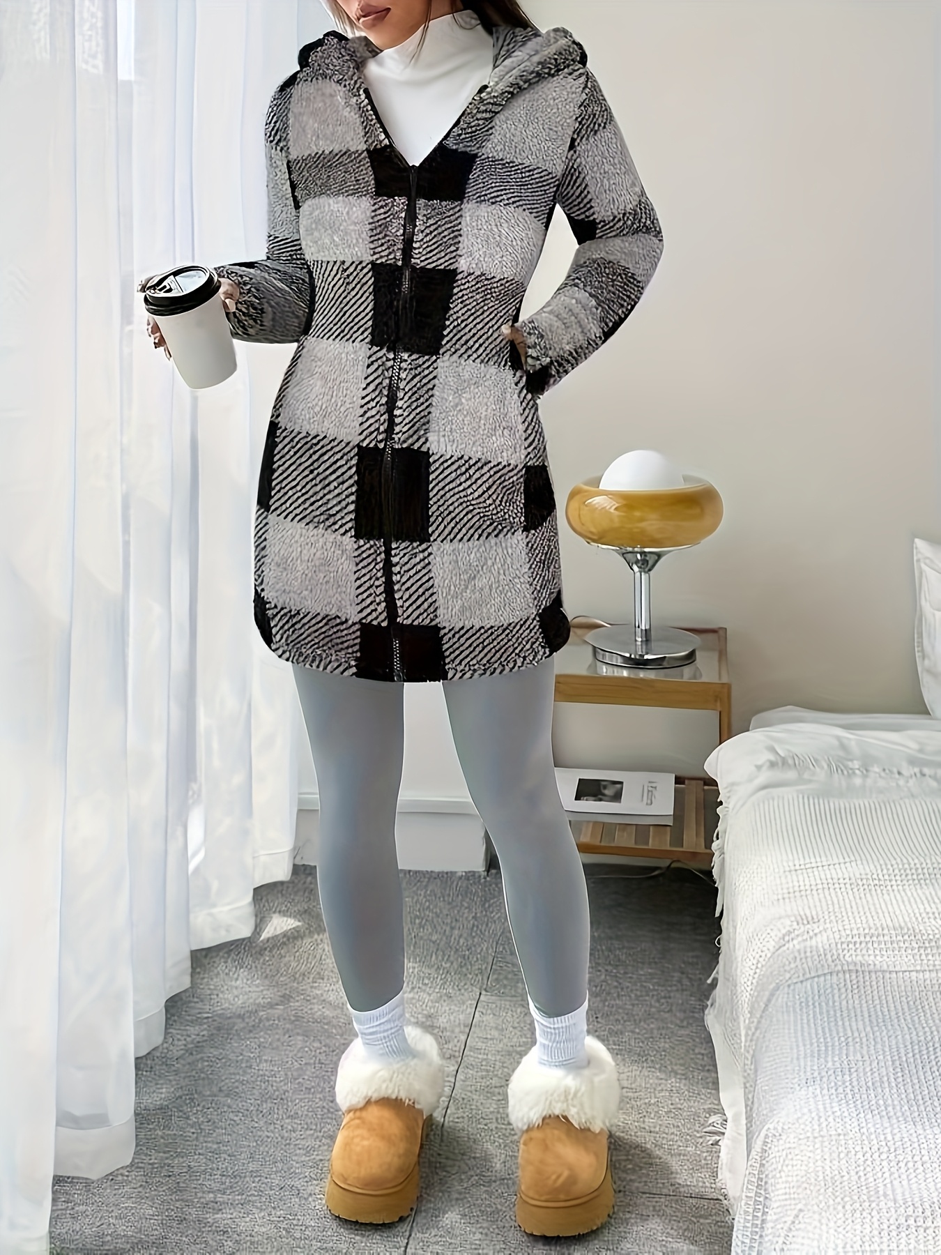 Women'S Plaid Print Fleece-Lined Hooded Zip-Up Jacket - Cozy Casual Winter Coat with & Checkered Pattern, Long Sleeves, and Pockets