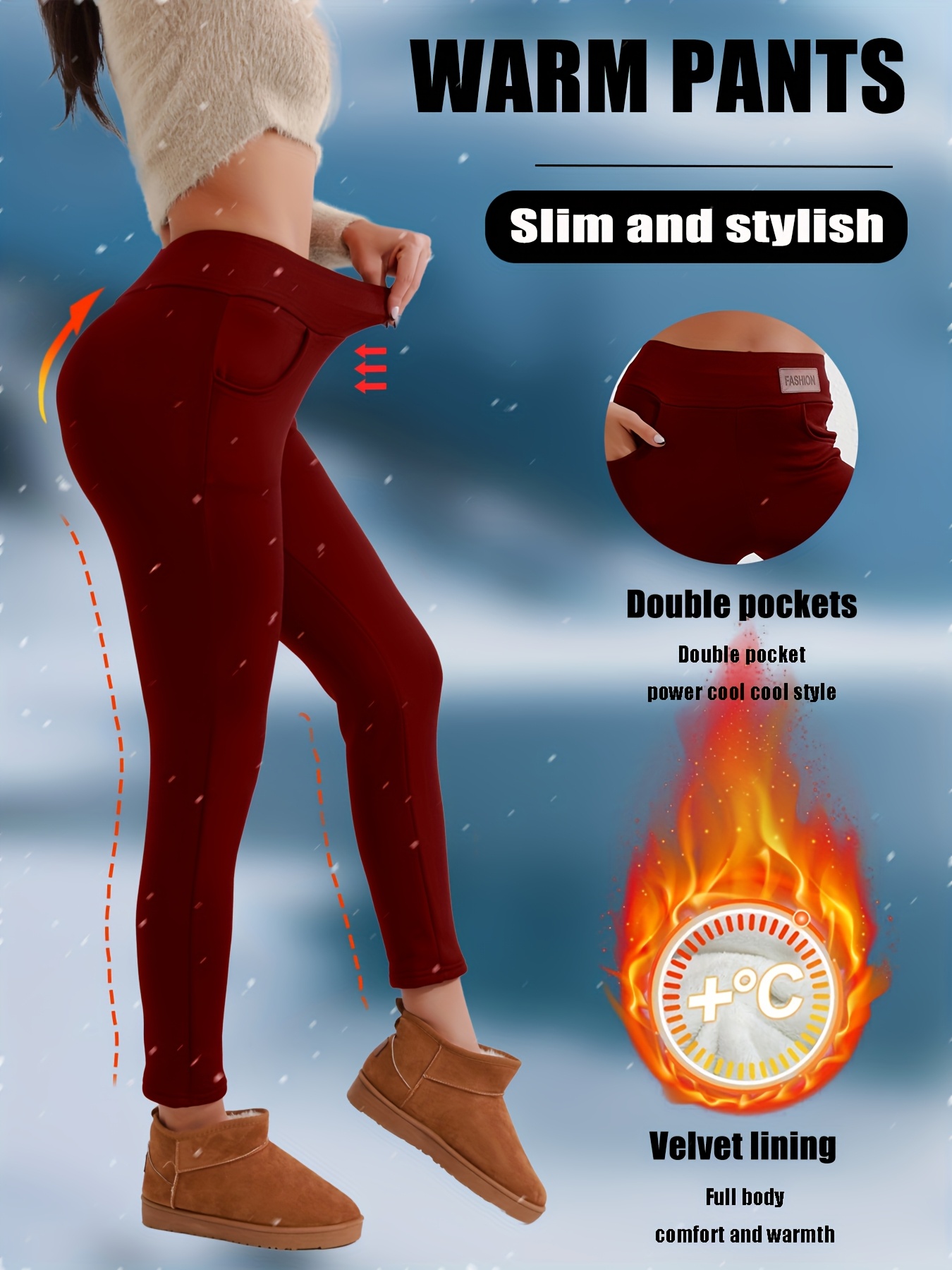 Women'S High-Waisted Thermal Leggings with Pockets - 360g/m² Thickened Winter Pants, Slim Fit, Double Pockets, Velvet Lining, Medium Stretch for Snow Travel & Daily Wear, Solid Color, Winter Leggings, Outdoor Hiking Apparel, Sleek Sporty Design, Comfortable Fit