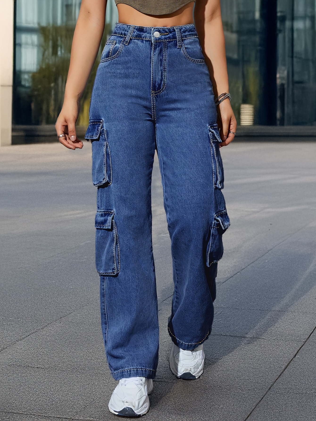 [Stretchy Cargo Pants] Stretchy Non-See-Through Women's Stretch Cargo Pants | Deep Blue with Multiple Utility Pockets, Work Pants for Everyday & Formal Outfits, All-Season Machine Washable Jeans, Versatile Wardrobe, Edgy Streetwear, Comfortable Fit, Stylish Trousers, Casual Wear Lovers