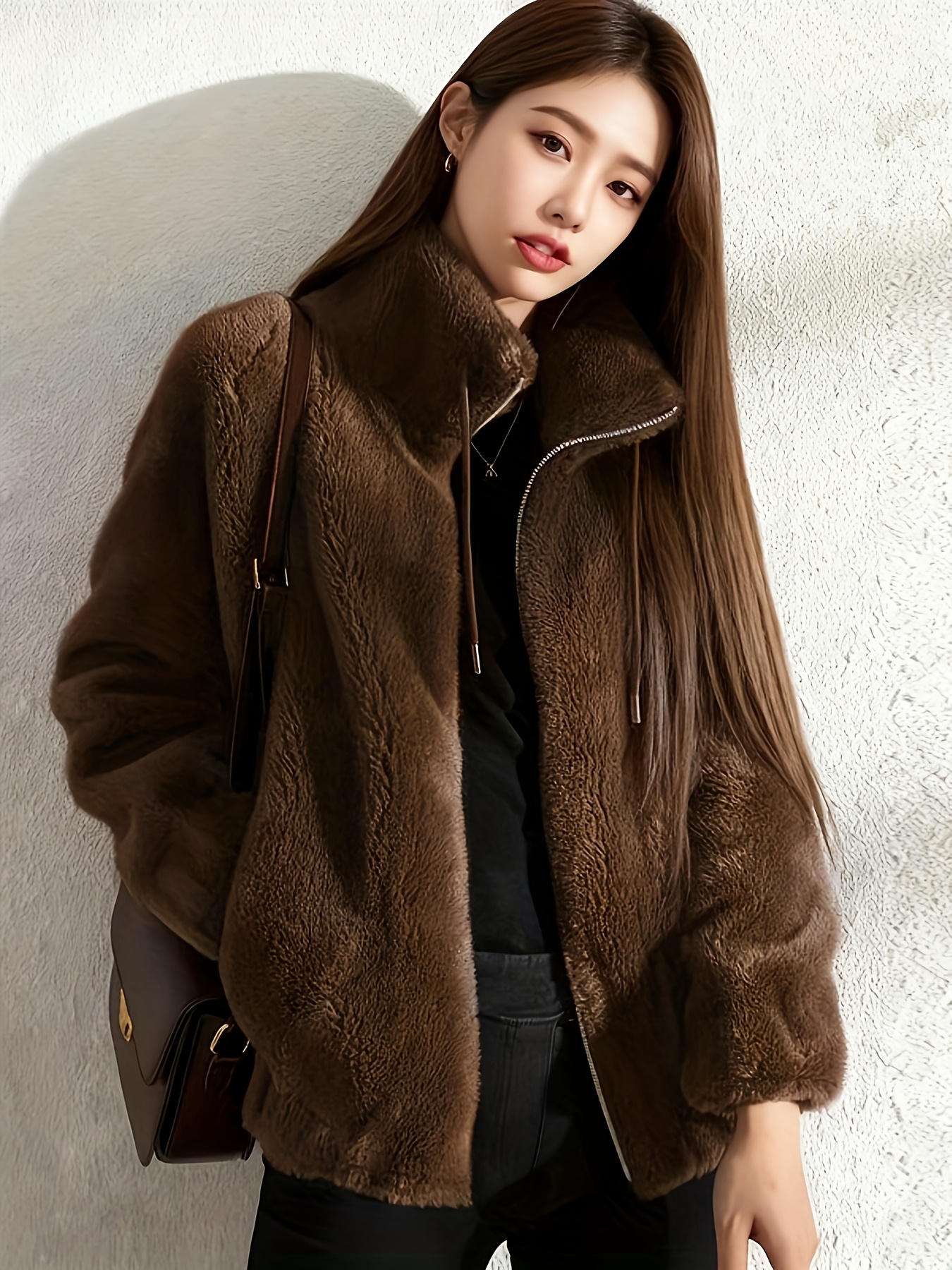 Women's Korean/ Style Plush Jacket - Windproof Winter Coat with Stand Collar & Pockets, Korean Warm Outerwear (No Belt), -Inspired Casual Long Sleeve Sweatsuit for Fall & Winter, Hand Washable (Solid Color)