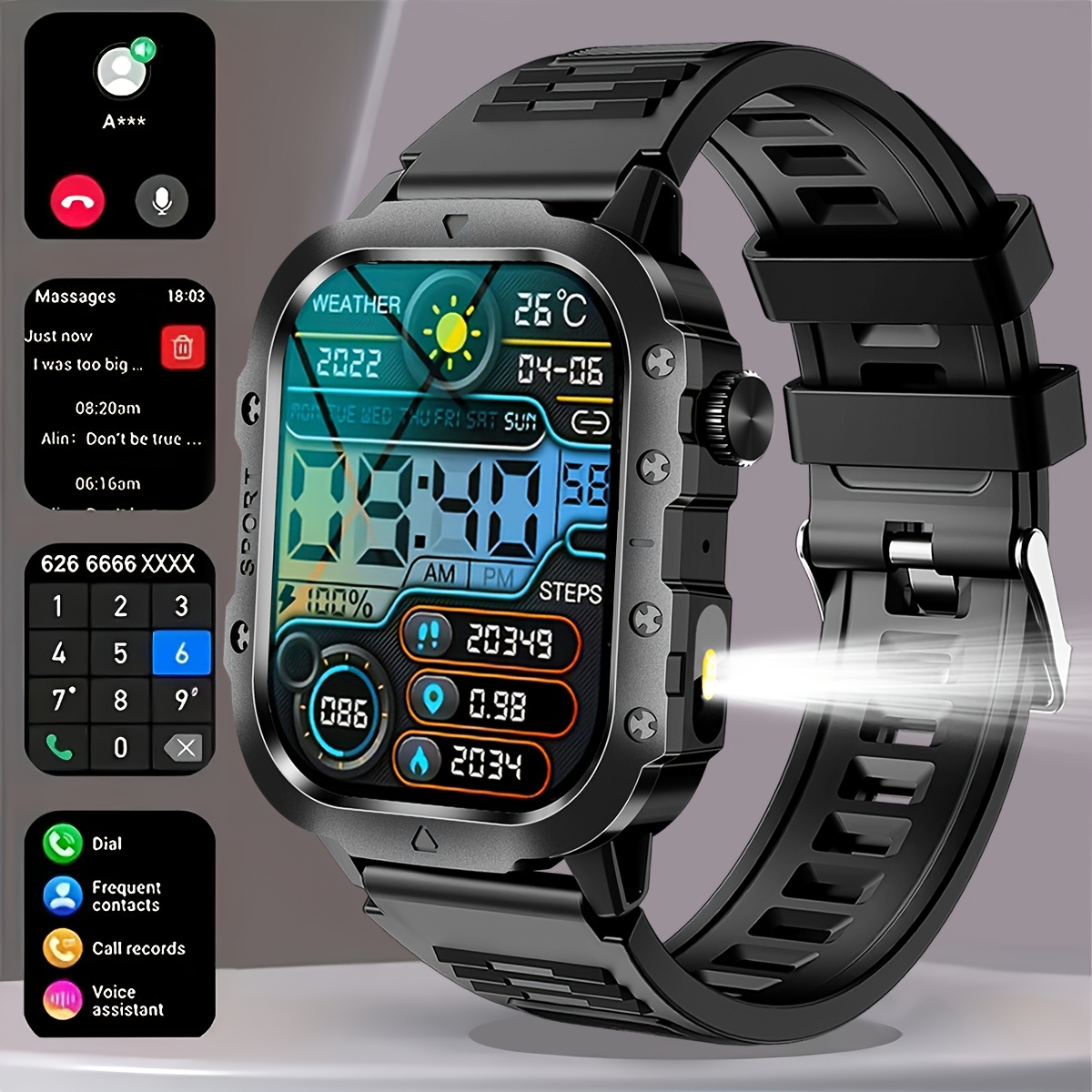 New Smart Watch 5.11 cm Large Screen LED Flashlight Outdoor Sports Watch Altimeter Barometer 100+Sports Mode Multimedia Information Viewing Weather Pedometer Fitness Tracker Compatible with Android for iphone Perfect Holiday Gift, Outdoor Activity Watch, Multimedia Viewing Watch, Modern Wearable Tech, Stylish Fitness Tracker, Durable Smartwatch, Longlasting Battery, Multifunctional Watch, LED Light Watch, Fitness Enthusiasts, Techsavvy Users, Altimeter Watch, Outdoor Gear Watch - Image 3