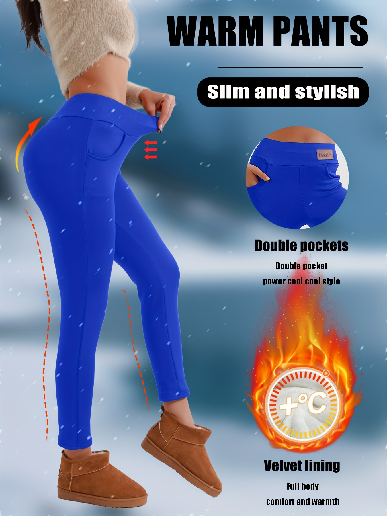 Women'S High-Waisted Thermal Leggings with Pockets - 360g/m² Thickened Winter Pants, Slim Fit, Double Pockets, Velvet Lining, Medium Stretch for Snow Travel & Daily Wear, Solid Color, Winter Leggings, Outdoor Hiking Apparel, Sleek Sporty Design, Comfortable Fit - Image 5