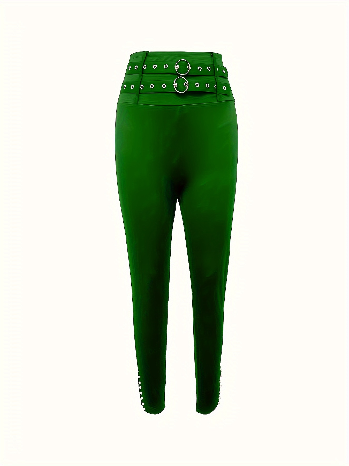 Chic Green High-Waist Skinny Pants with Elegant Button & Grommet Detail - Versatile, Stretchy Polyester, Machine Washable - Perfect for All Seasons - Image 6